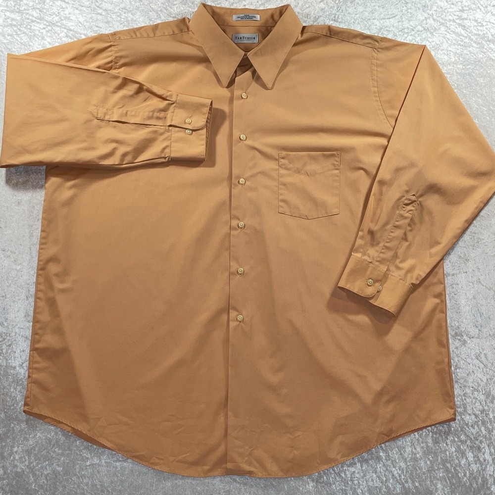 Van Heusen Dress Shirt Men 19 34/35 Big Orange Excellent Wrinkle Free Poplin